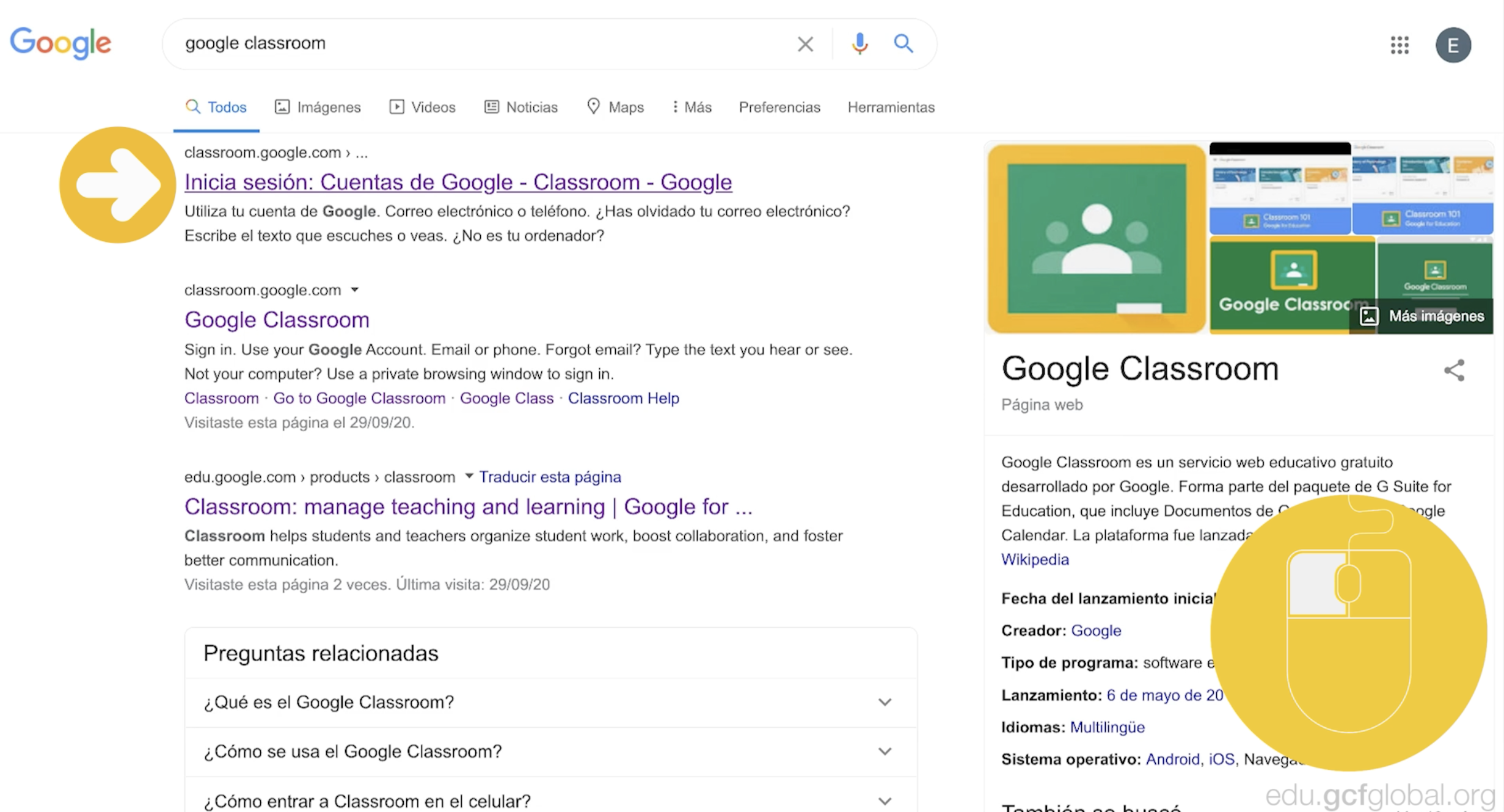 Buscar y abrir sitio oficial de Google Classroom para ingresar por primera vez.